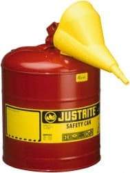 Justrite - 5 Gal 24-Gauge Coated Steel Body Self-Closing, Self-Venting, Full-Length Flame Arrester - 16-7/8" High x 11-3/4" Diam, Red with Yellow - Exact Tool & Supply