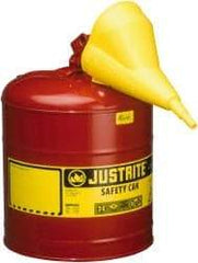 Justrite - 5 Gal 24-Gauge Coated Steel Body Self-Closing, Self-Venting, Full-Length Flame Arrester - 16-7/8" High x 11-3/4" Diam, Red with Yellow - Exact Tool & Supply