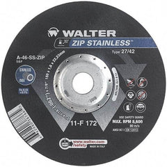 WALTER Surface Technologies - 46 Grit, 7" Wheel Diam, 1/16" Wheel Thickness, 7/8" Arbor Hole, Type 27 Depressed Center Wheel - Aluminum Oxide/Silicon Carbide Blend, Resinoid Bond, 8,600 Max RPM - Exact Tool & Supply