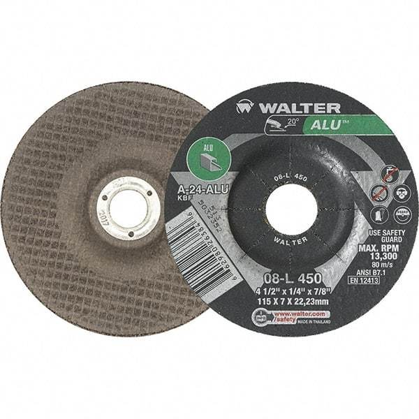 WALTER Surface Technologies - 24 Grit, 4-1/2" Wheel Diam, 1/4" Wheel Thickness, 7/8" Arbor Hole, Type 27 Depressed Center Wheel - Aluminum Oxide, 13,300 Max RPM - Exact Tool & Supply