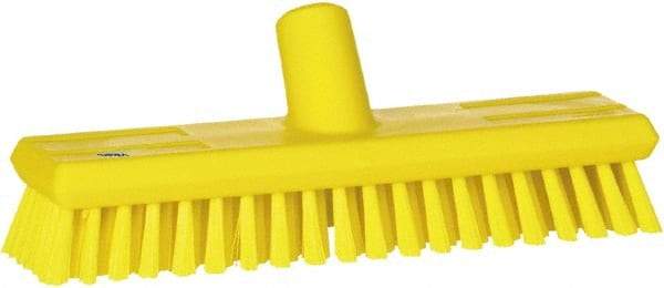 Vikan - 1.3" Bristle Length, Polyester Scrub Brush - 10-3/4" Long x 2-1/2" Wide Head, 11" OAL, European Threaded Handle, Yellow, Polypropylene Block - Exact Tool & Supply