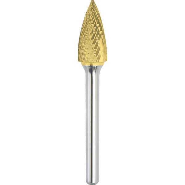 Made in USA - 1/2" Cut Diam, 1/4" Shank Diam, Tree Head Double Cut Burr - Carbide, 1" LOC, 2-3/4" OAL - Exact Tool & Supply