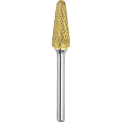 Made in USA - 5/8" Cut Diam, 1/4" Shank Diam, Cone Head Double Cut Burr - Carbide, 1-5/16" LOC, 3-1/16" OAL - Exact Tool & Supply