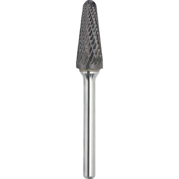 Made in USA - 5/8" Cut Diam, 1/4" Shank Diam, Cone Head Double Cut Burr - Carbide, 1-5/16" LOC, 3-1/16" OAL - Exact Tool & Supply