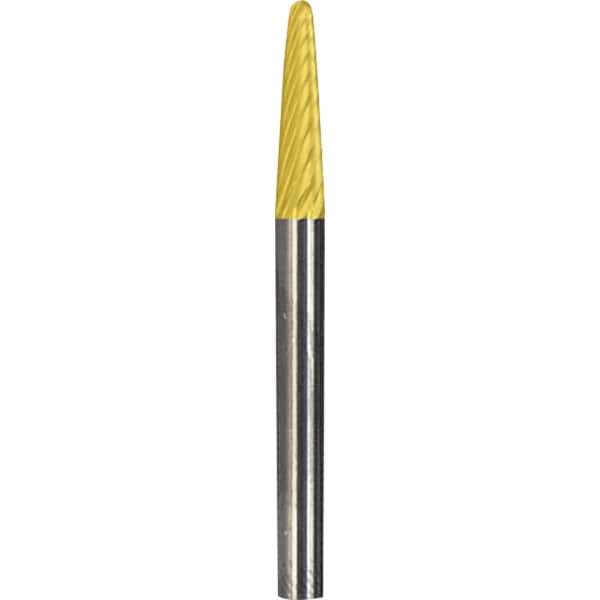 Made in USA - 1/4" Cut Diam, 1/4" Shank Diam, Cone Head Diamond Cut Burr - Carbide, 5/8" LOC, 2" OAL - Exact Tool & Supply
