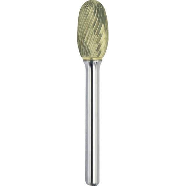 Made in USA - 5/8" Cut Diam, 1/4" Shank Diam, Oval Head Single Cut Burr - Carbide, 1" LOC, 2-3/4" OAL - Exact Tool & Supply