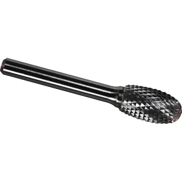 Made in USA - 9.5mm Cut Diam, 0.2362" Shank Diam, Oval Head Diamond Cut Burr - Carbide, 16mm LOC, 61mm OAL - Exact Tool & Supply