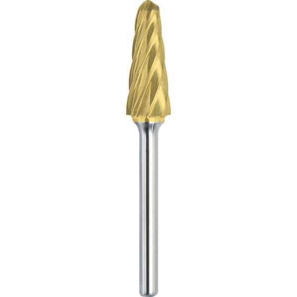 Made in USA - 1/2" Cut Diam, 1/4" Shank Diam, Cone Head Aluma Cut Burr - Carbide, 1-1/8" LOC, 2-7/8" OAL - Exact Tool & Supply