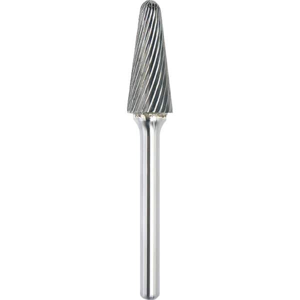 Made in USA - 1/2" Cut Diam, 1/4" Shank Diam, Cone Head Single Cut Burr - Carbide, 1-1/8" LOC, 2-7/8" OAL - Exact Tool & Supply