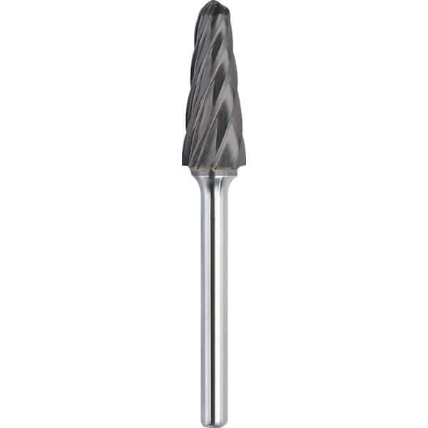 Made in USA - 1/2" Cut Diam, 1/4" Shank Diam, Cone Head Aluma Cut Burr - Carbide, 1-1/8" LOC, 2-7/8" OAL - Exact Tool & Supply