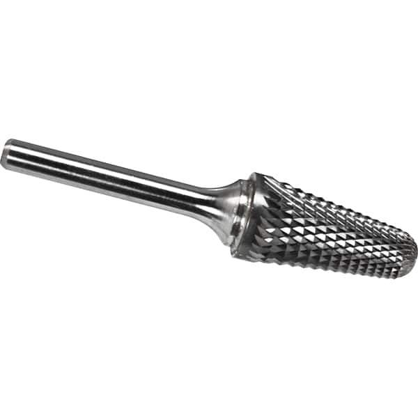 Made in USA - 5/16" Cut Diam, 1/4" Shank Diam, Cone Head Diamond Cut Burr - Carbide, 7/8" LOC, 2-5/8" OAL - Exact Tool & Supply
