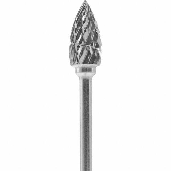 Made in USA - 1/4" Cut Diam, 0.0925" Shank Diam, Flame Head Double Cut Burr - Carbide, 1/2" LOC, 2" OAL - Exact Tool & Supply