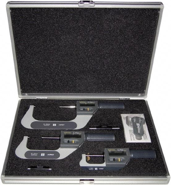 Fowler - 0 to 4" Range, 0.001mm Resolution, IP67, 3 Piece Electronic Outside Micrometer Sets - 0.005mm Accuracy, Ratchet Thimble, Carbide Measuring Face - Exact Tool & Supply