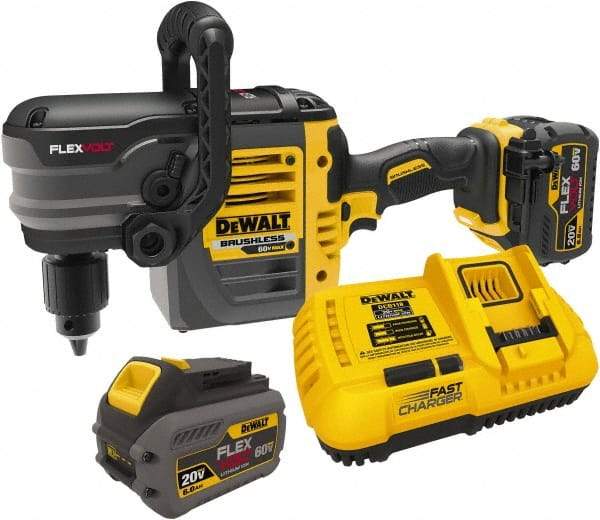 DeWALT - 60 Volt 1/2" Chuck Right Angle Handle Cordless Drill - 0-300 & 0-1200 RPM, Keyed Chuck, 2 Lithium-Ion Batteries Included - Exact Tool & Supply