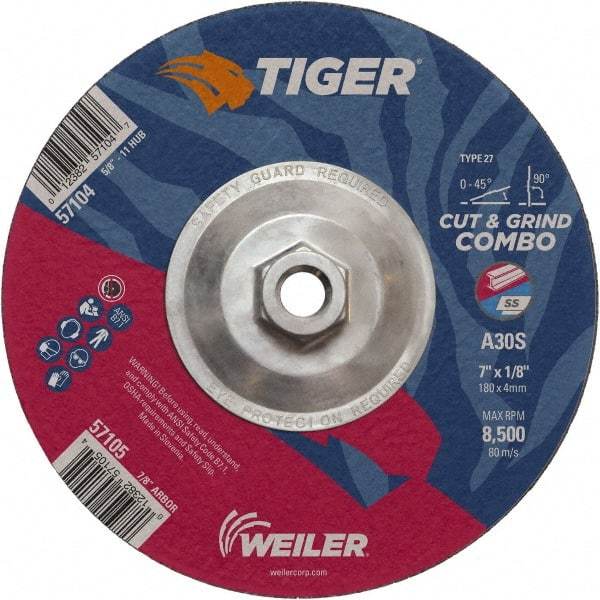 Weiler - 30 Grit, 7" Wheel Diam, 1/8" Wheel Thickness, Type 27 Depressed Center Wheel - Medium Grade, Aluminum Oxide, Resinoid Bond, S Hardness, 8,500 Max RPM - Exact Tool & Supply