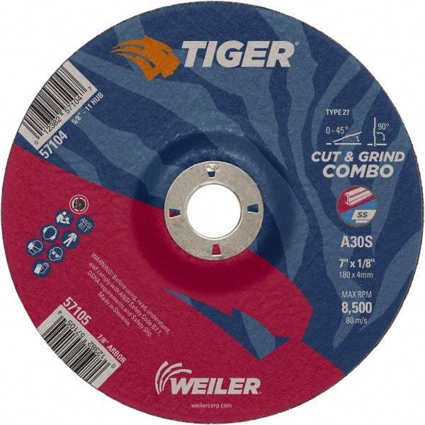 Weiler - 30 Grit, 7" Wheel Diam, 1/8" Wheel Thickness, 7/8" Arbor Hole, Type 27 Depressed Center Wheel - Medium Grade, Aluminum Oxide, Resinoid Bond, S Hardness, 8,500 Max RPM - Exact Tool & Supply