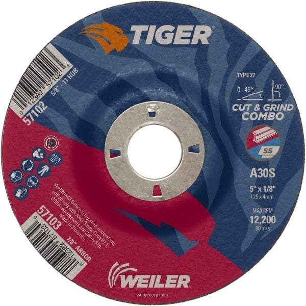 Weiler - 30 Grit, 5" Wheel Diam, 1/8" Wheel Thickness, 7/8" Arbor Hole, Type 27 Depressed Center Wheel - Medium Grade, Aluminum Oxide, Resinoid Bond, S Hardness, 12,200 Max RPM - Exact Tool & Supply