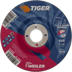 Weiler - 30 Grit, 5" Wheel Diam, 1/8" Wheel Thickness, 7/8" Arbor Hole, Type 27 Depressed Center Wheel - Medium Grade, Aluminum Oxide, Resinoid Bond, S Hardness, 12,200 Max RPM - Exact Tool & Supply