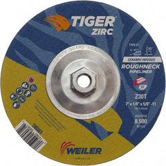Weiler - 30 Grit, 7" Wheel Diam, 1/8" Wheel Thickness, Type 27 Depressed Center Wheel - Medium Grade, Zirconia Alumina, Resinoid Bond, T Hardness, 8,500 Max RPM - Exact Tool & Supply