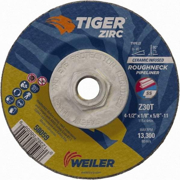 Weiler - 30 Grit, 4-1/2" Wheel Diam, 1/8" Wheel Thickness, Type 27 Depressed Center Wheel - Medium Grade, Zirconia Alumina, Resinoid Bond, T Hardness, 13,300 Max RPM - Exact Tool & Supply