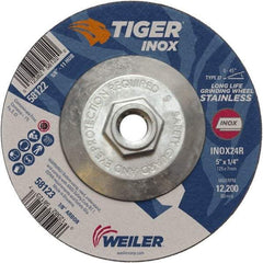 Weiler - 24 Grit, 5" Wheel Diam, 1/4" Wheel Thickness, Type 27 Depressed Center Wheel - Coarse Grade, Aluminum Oxide, Resinoid Bond, R Hardness, 12,200 Max RPM - Exact Tool & Supply