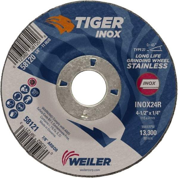 Weiler - 24 Grit, 4-1/2" Wheel Diam, 1/4" Wheel Thickness, 7/8" Arbor Hole, Type 27 Depressed Center Wheel - Coarse Grade, Aluminum Oxide, Resinoid Bond, R Hardness, 13,300 Max RPM - Exact Tool & Supply