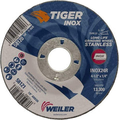 Weiler - 24 Grit, 4-1/2" Wheel Diam, 1/4" Wheel Thickness, 7/8" Arbor Hole, Type 27 Depressed Center Wheel - Coarse Grade, Aluminum Oxide, Resinoid Bond, R Hardness, 13,300 Max RPM - Exact Tool & Supply