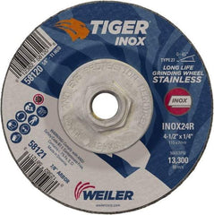 Weiler - 24 Grit, 4-1/2" Wheel Diam, 1/4" Wheel Thickness, Type 27 Depressed Center Wheel - Coarse Grade, Aluminum Oxide, Resinoid Bond, R Hardness, 13,300 Max RPM - Exact Tool & Supply