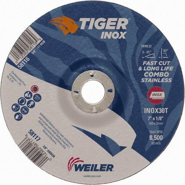 Weiler - 30 Grit, 7" Wheel Diam, 1/8" Wheel Thickness, 7/8" Arbor Hole, Type 27 Depressed Center Wheel - Medium Grade, Aluminum Oxide, Resinoid Bond, T Hardness, 8,500 Max RPM - Exact Tool & Supply