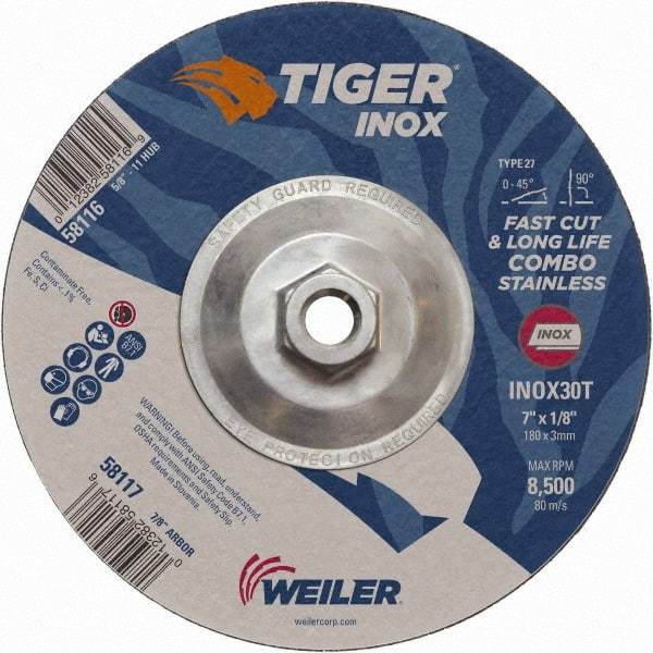 Weiler - 30 Grit, 7" Wheel Diam, 1/8" Wheel Thickness, Type 27 Depressed Center Wheel - Medium Grade, Aluminum Oxide, Resinoid Bond, T Hardness, 8,500 Max RPM - Exact Tool & Supply