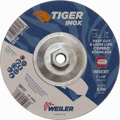 Weiler - 30 Grit, 7" Wheel Diam, 1/8" Wheel Thickness, Type 27 Depressed Center Wheel - Medium Grade, Aluminum Oxide, Resinoid Bond, T Hardness, 8,500 Max RPM - Exact Tool & Supply