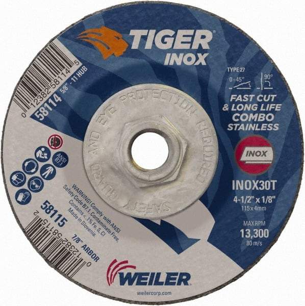 Weiler - 30 Grit, 4-1/2" Wheel Diam, 1/8" Wheel Thickness, Type 27 Depressed Center Wheel - Medium Grade, Aluminum Oxide, Resinoid Bond, T Hardness, 13,300 Max RPM - Exact Tool & Supply