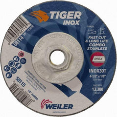 Weiler - 30 Grit, 4-1/2" Wheel Diam, 1/8" Wheel Thickness, Type 27 Depressed Center Wheel - Medium Grade, Aluminum Oxide, Resinoid Bond, T Hardness, 13,300 Max RPM - Exact Tool & Supply