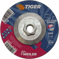 Weiler - 30 Grit, 5" Wheel Diam, 1/8" Wheel Thickness, Type 27 Depressed Center Wheel - Medium Grade, Aluminum Oxide, Resinoid Bond, S Hardness, 12,200 Max RPM - Exact Tool & Supply