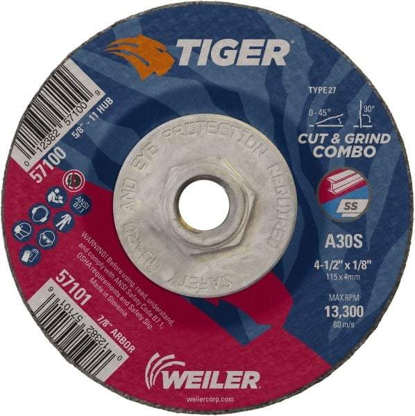 Weiler - 30 Grit, 4-1/2" Wheel Diam, 1/8" Wheel Thickness, Type 27 Depressed Center Wheel - Medium Grade, Aluminum Oxide, Resinoid Bond, S Hardness, 13,300 Max RPM - Exact Tool & Supply