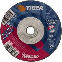Weiler - 30 Grit, 4-1/2" Wheel Diam, 1/8" Wheel Thickness, Type 27 Depressed Center Wheel - Medium Grade, Aluminum Oxide, Resinoid Bond, S Hardness, 13,300 Max RPM - Exact Tool & Supply