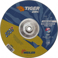 Weiler - 30 Grit, 9" Wheel Diam, 1/8" Wheel Thickness, Type 27 Depressed Center Wheel - Medium Grade, Zirconia Alumina, Resinoid Bond, T Hardness, 6,600 Max RPM - Exact Tool & Supply