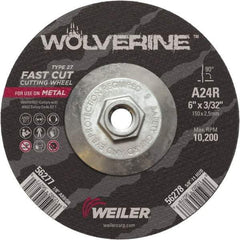 Weiler - 24 Grit, 6" Wheel Diam, 3/32" Wheel Thickness, Type 27 Depressed Center Wheel - Coarse Grade, Aluminum Oxide, Resinoid Bond, R Hardness, 10,200 Max RPM - Exact Tool & Supply