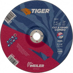 Weiler - 30 Grit, 9" Wheel Diam, 1/8" Wheel Thickness, 7/8" Arbor Hole, Type 27 Depressed Center Wheel - Medium Grade, Aluminum Oxide, Resinoid Bond, S Hardness, 6,600 Max RPM - Exact Tool & Supply