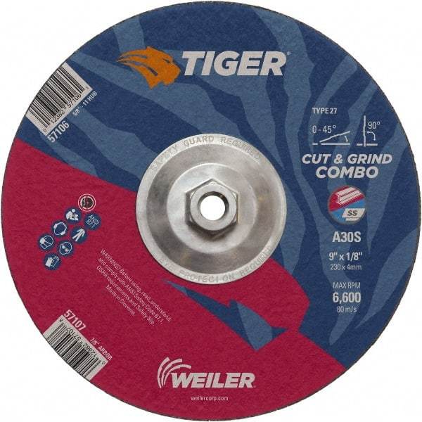 Weiler - 30 Grit, 9" Wheel Diam, 1/8" Wheel Thickness, Type 27 Depressed Center Wheel - Medium Grade, Aluminum Oxide, Resinoid Bond, S Hardness, 6,600 Max RPM - Exact Tool & Supply