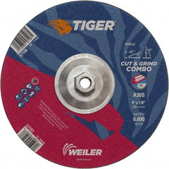 Weiler - 30 Grit, 9" Wheel Diam, 1/8" Wheel Thickness, Type 27 Depressed Center Wheel - Medium Grade, Aluminum Oxide, Resinoid Bond, S Hardness, 6,600 Max RPM - Exact Tool & Supply