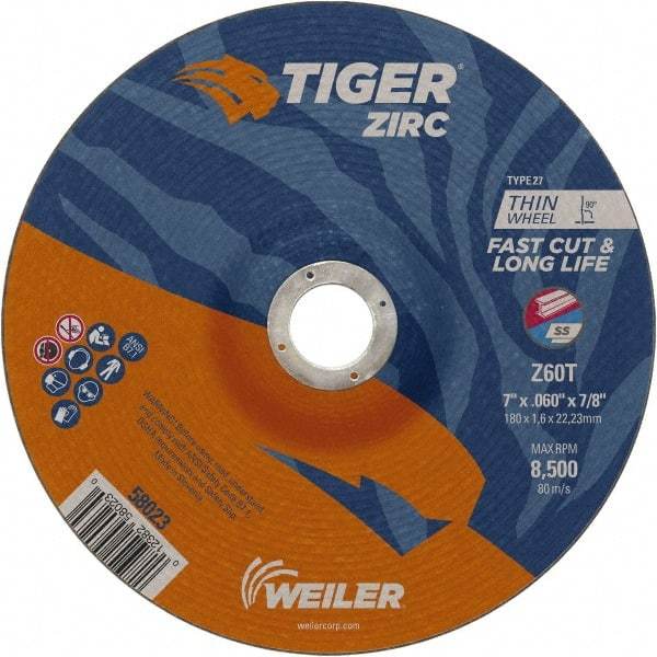 Weiler - 60 Grit, 7" Wheel Diam, 7/8" Arbor Hole, Type 27 Depressed Center Wheel - Medium Grade, Zirconia Alumina, Resinoid Bond, T Hardness, 8,500 Max RPM - Exact Tool & Supply