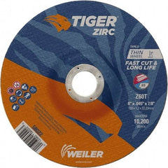 Weiler - 60 Grit, 6" Wheel Diam, 7/8" Arbor Hole, Type 27 Depressed Center Wheel - Medium Grade, Zirconia Alumina, Resinoid Bond, T Hardness, 10,200 Max RPM - Exact Tool & Supply