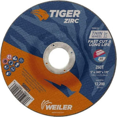 Weiler - 60 Grit, 5" Wheel Diam, 7/8" Arbor Hole, Type 27 Depressed Center Wheel - Medium Grade, Zirconia Alumina, Resinoid Bond, T Hardness, 12,200 Max RPM - Exact Tool & Supply