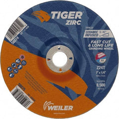 Weiler - 24 Grit, 7" Wheel Diam, 1/4" Wheel Thickness, 7/8" Arbor Hole, Type 27 Depressed Center Wheel - Coarse Grade, Zirconia Alumina, Resinoid Bond, T Hardness, 8,500 Max RPM - Exact Tool & Supply