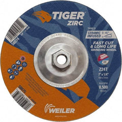 Weiler - 24 Grit, 7" Wheel Diam, 1/4" Wheel Thickness, Type 27 Depressed Center Wheel - Coarse Grade, Zirconia Alumina, Resinoid Bond, T Hardness, 8,500 Max RPM - Exact Tool & Supply