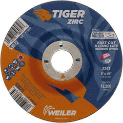 Weiler - 24 Grit, 5" Wheel Diam, 1/4" Wheel Thickness, 7/8" Arbor Hole, Type 27 Depressed Center Wheel - Coarse Grade, Zirconia Alumina, Resinoid Bond, T Hardness, 12,200 Max RPM - Exact Tool & Supply