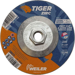 Weiler - 24 Grit, 5" Wheel Diam, 1/4" Wheel Thickness, Type 27 Depressed Center Wheel - Coarse Grade, Zirconia Alumina, Resinoid Bond, T Hardness, 12,200 Max RPM - Exact Tool & Supply