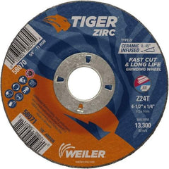 Weiler - 24 Grit, 4-1/2" Wheel Diam, 1/4" Wheel Thickness, 7/8" Arbor Hole, Type 27 Depressed Center Wheel - Coarse Grade, Zirconia Alumina, Resinoid Bond, T Hardness, 13,300 Max RPM - Exact Tool & Supply