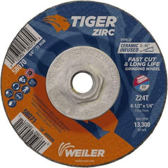 Weiler - 24 Grit, 4-1/2" Wheel Diam, 1/4" Wheel Thickness, Type 27 Depressed Center Wheel - Coarse Grade, Zirconia Alumina, Resinoid Bond, T Hardness, 13,300 Max RPM - Exact Tool & Supply